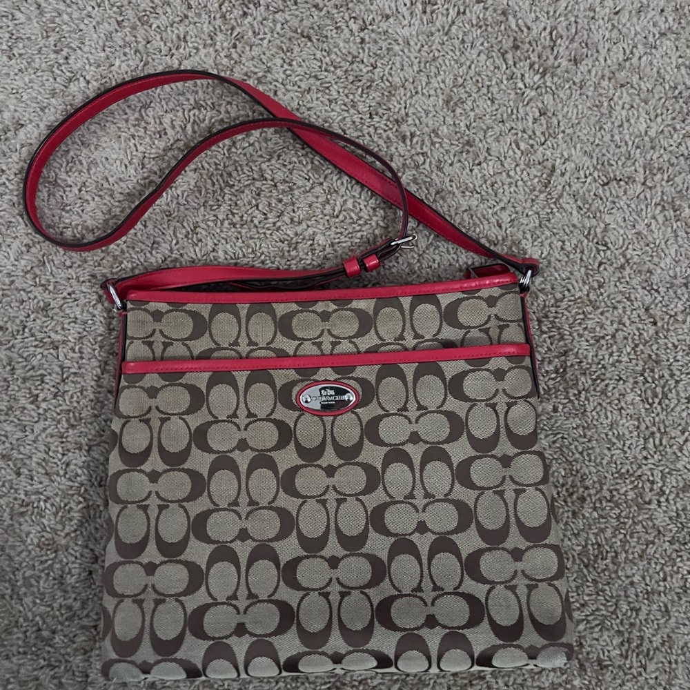 Coach Tan and Red Signature Crossbody Bag - Picture 6 of 7